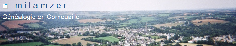 Vue du bourg d'Elliant avec la mer dans la brume à l'horizon